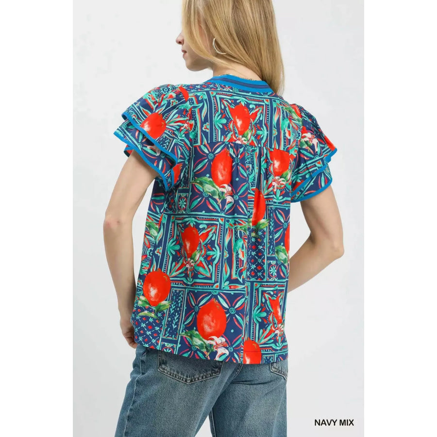 Umgee Abstract Print Flutter Sleeve Blouse Apparel and Accessories