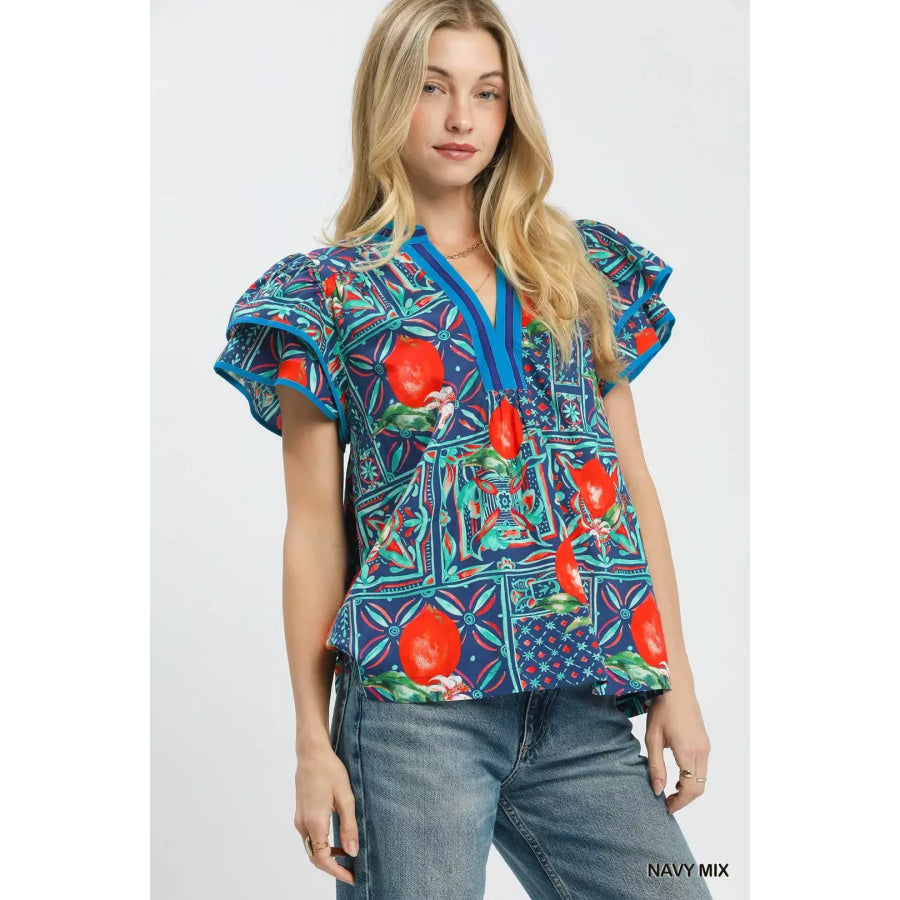 Umgee Abstract Print Flutter Sleeve Blouse NAVY MIX / S Apparel and Accessories