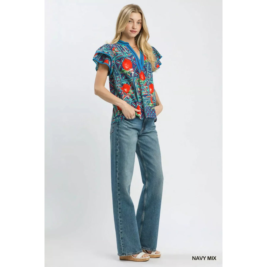 Umgee Abstract Print Flutter Sleeve Blouse Apparel and Accessories