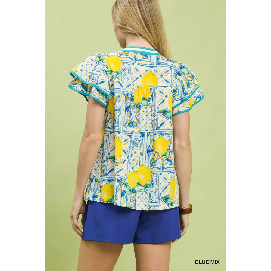 Umgee Abstract Print Flutter Sleeve Blouse Apparel and Accessories
