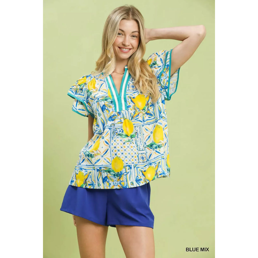 Umgee Abstract Print Flutter Sleeve Blouse BLUE MIX / S Apparel and Accessories