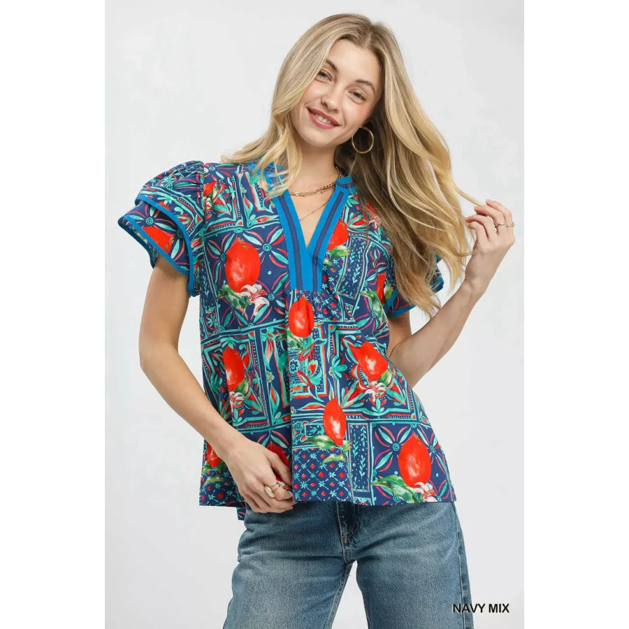 Umgee Abstract Print Flutter Sleeve Blouse NAVY MIX / S Apparel and Accessories