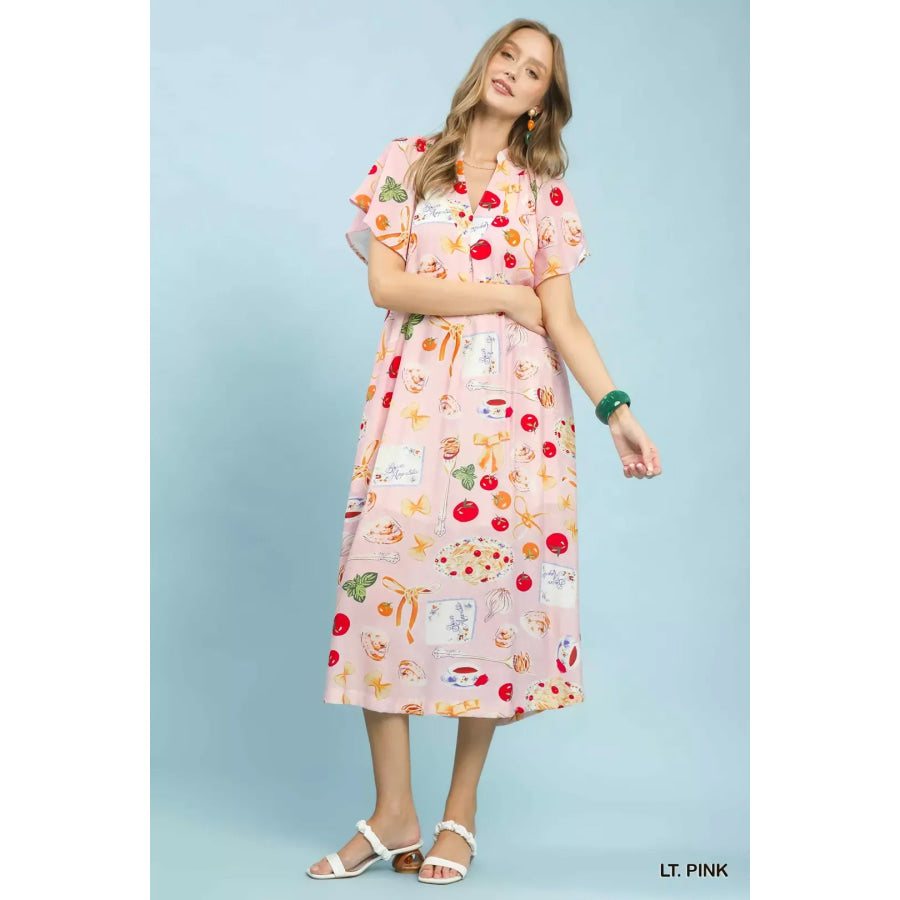 Umgee Abstract Print Flutter Sleeve Midi Dress LT. PINK / S Apparel and Accessories