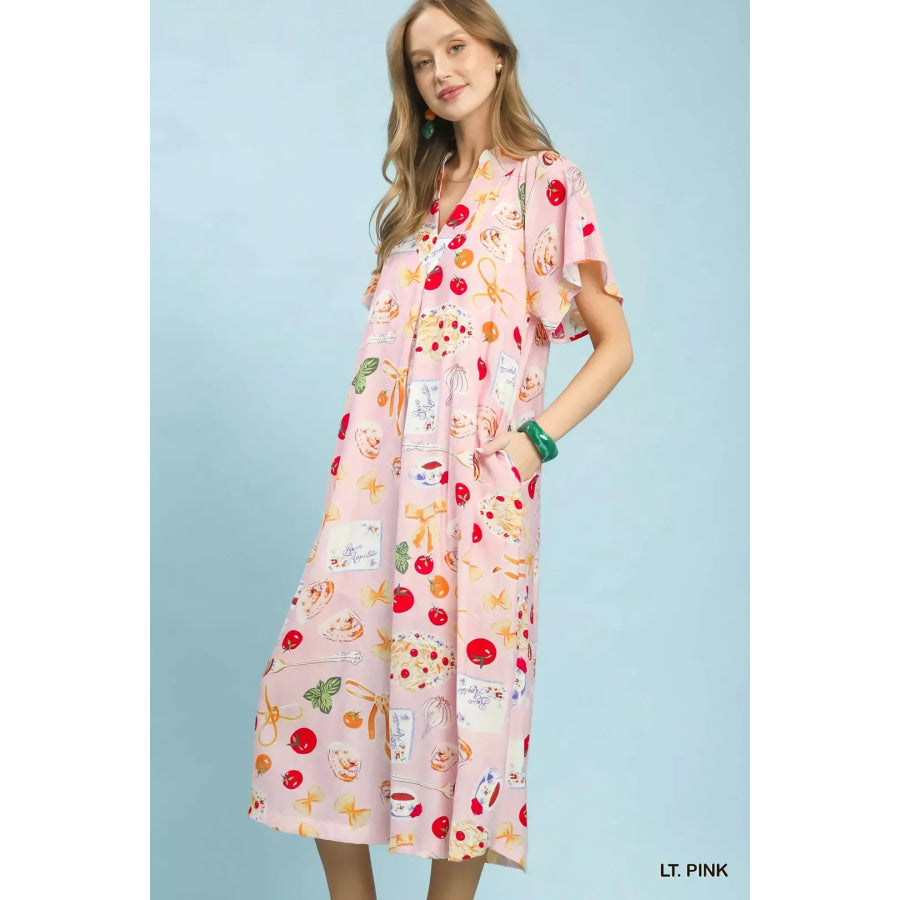 Umgee Abstract Print Flutter Sleeve Midi Dress Apparel and Accessories