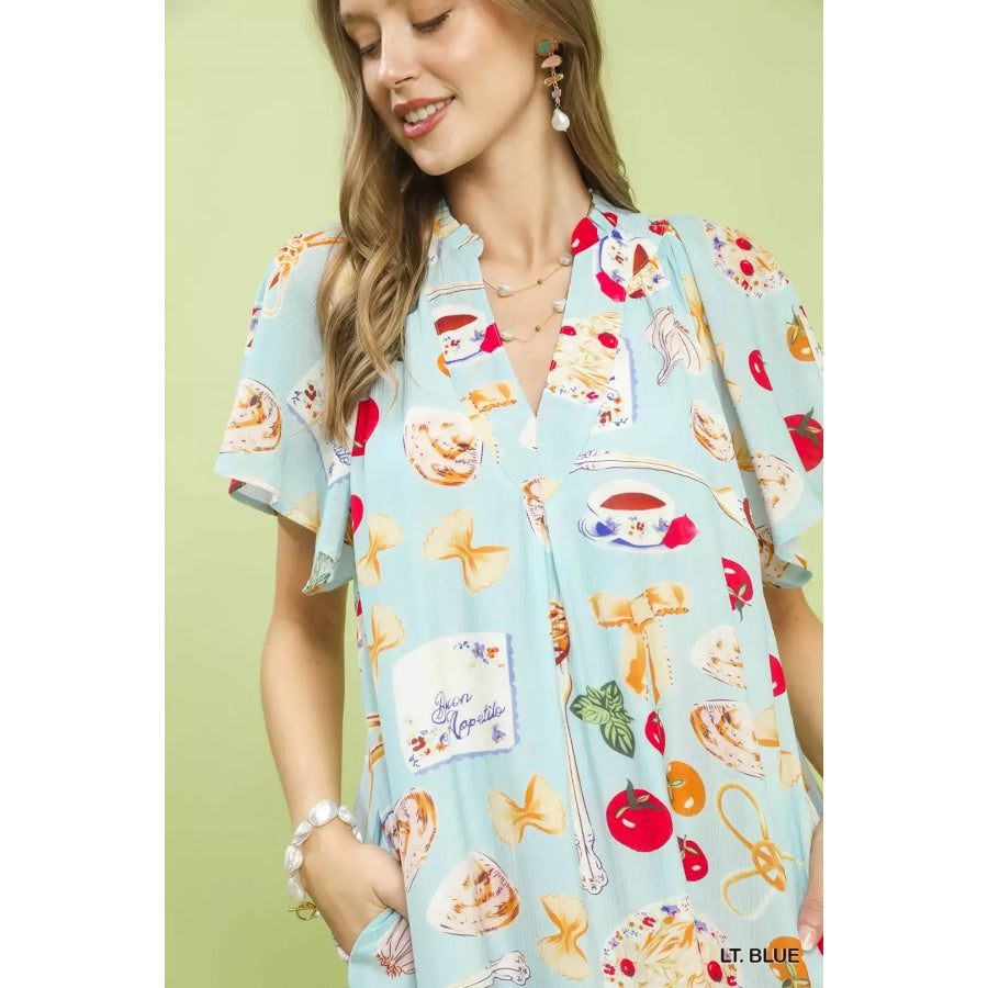 Umgee Abstract Print Flutter Sleeve Midi Dress Apparel and Accessories
