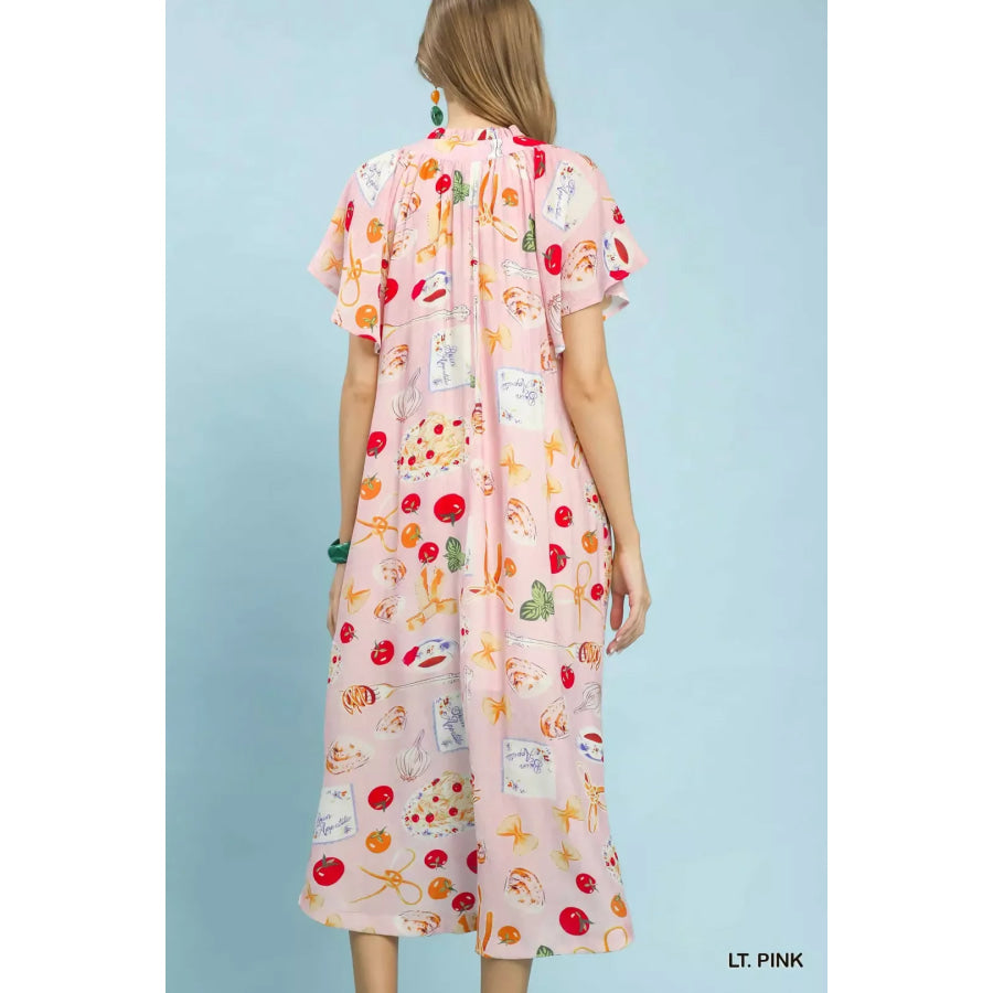 Umgee Abstract Print Flutter Sleeve Midi Dress Apparel and Accessories