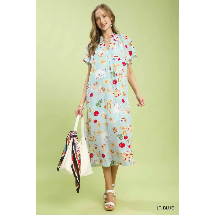 Umgee Abstract Print Flutter Sleeve Midi Dress Apparel and Accessories