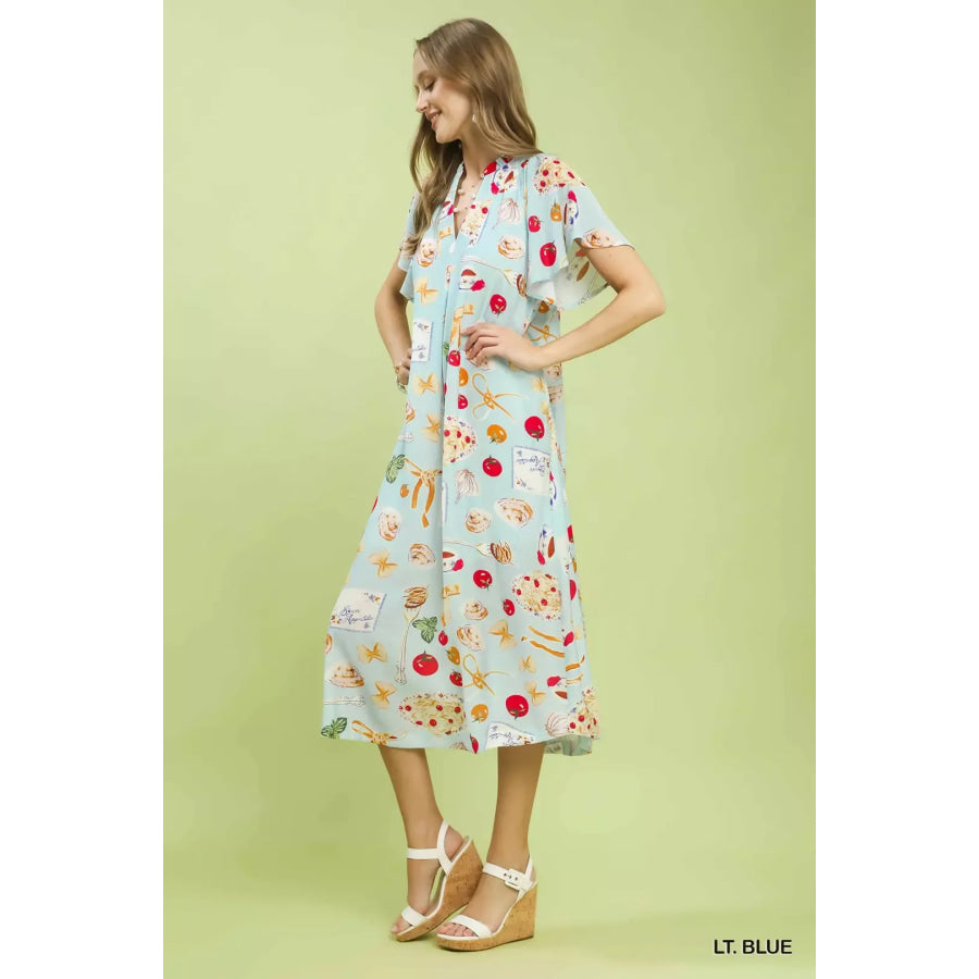 Umgee Abstract Print Flutter Sleeve Midi Dress LT. BLUE / S Apparel and Accessories