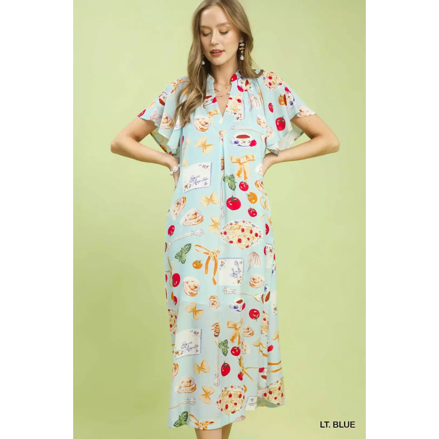 Umgee Abstract Print Flutter Sleeve Midi Dress LT. BLUE / S Apparel and Accessories