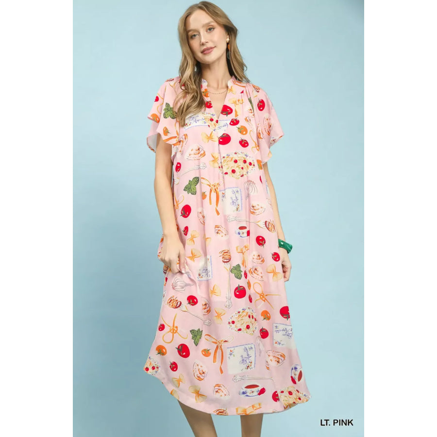 Umgee Abstract Print Flutter Sleeve Midi Dress LT. PINK / S Apparel and Accessories