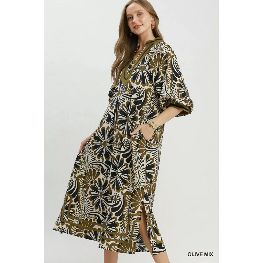 Umgee Abstract Print Midi Dress OLIVE MIX / S Apparel and Accessories