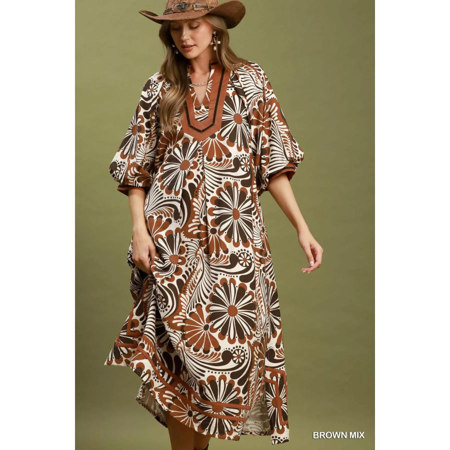 Umgee Abstract Print Midi Dress BROWN MIX / S Apparel and Accessories