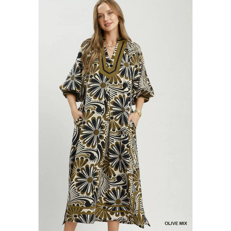 Umgee Abstract Print Midi Dress OLIVE MIX / S Apparel and Accessories