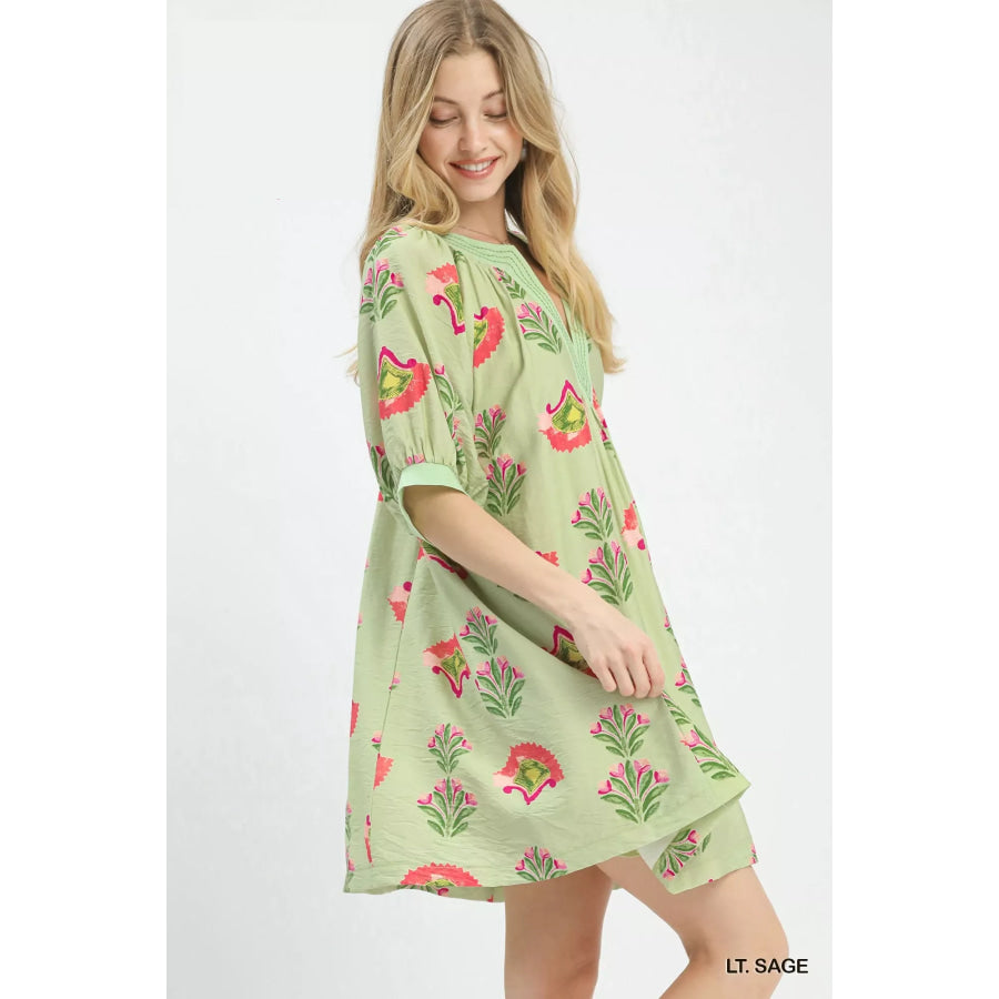 Umgee Abstract Print Mini Dress LT. SAGE / S Apparel and Accessories