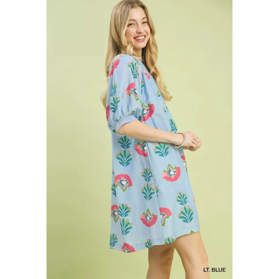 Umgee Abstract Print Mini Dress LT. BLUE / S Apparel and Accessories