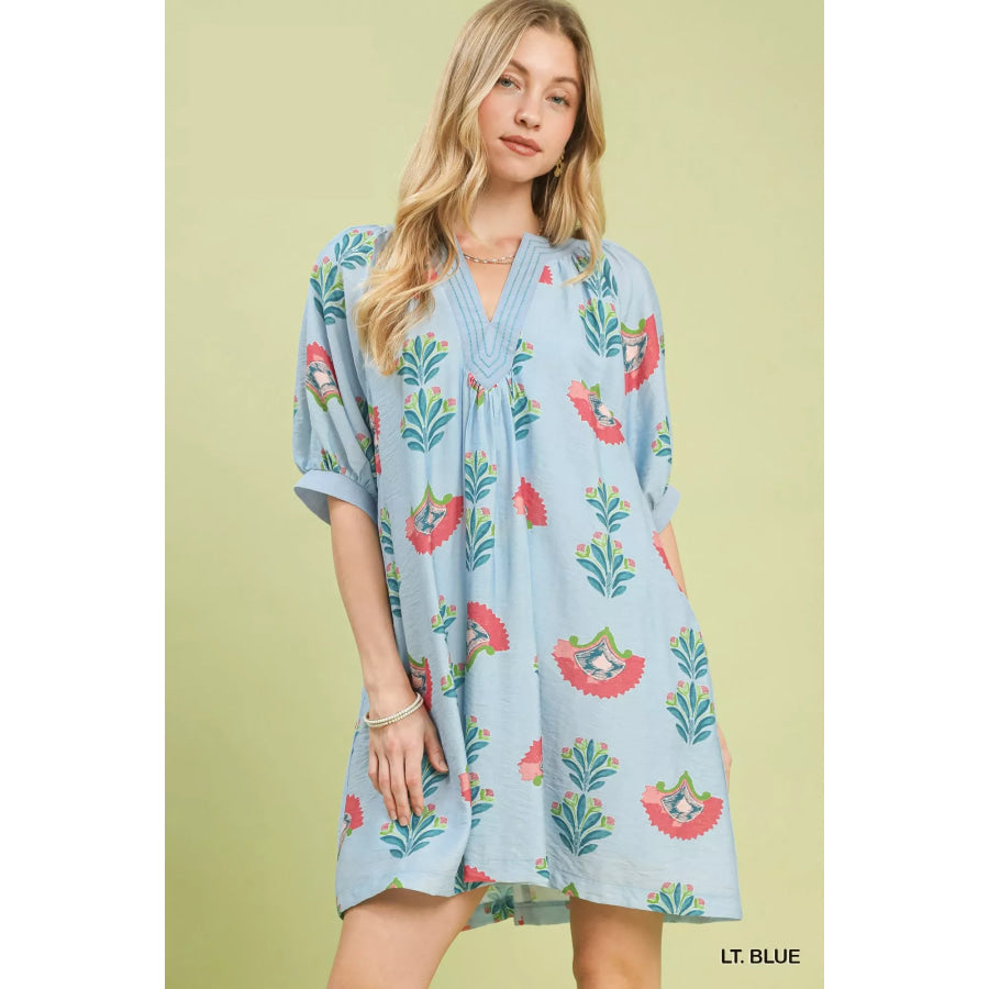 Umgee Abstract Print Mini Dress LT. BLUE / S Apparel and Accessories