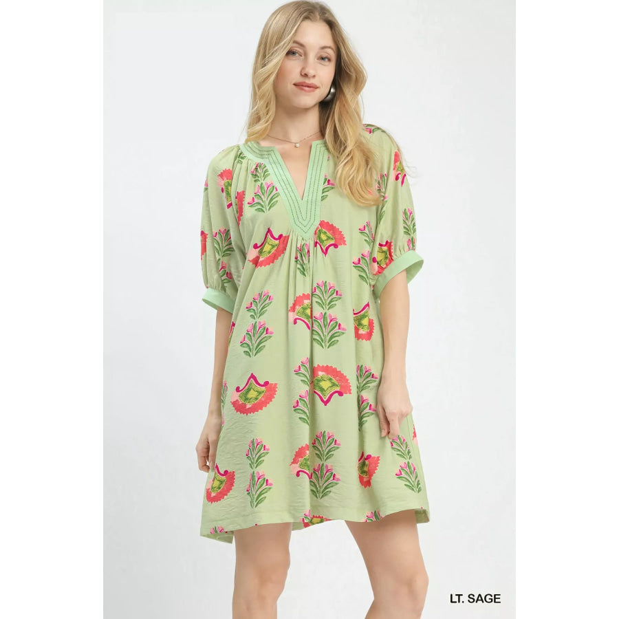 Umgee Abstract Print Mini Dress LT. SAGE / S Apparel and Accessories
