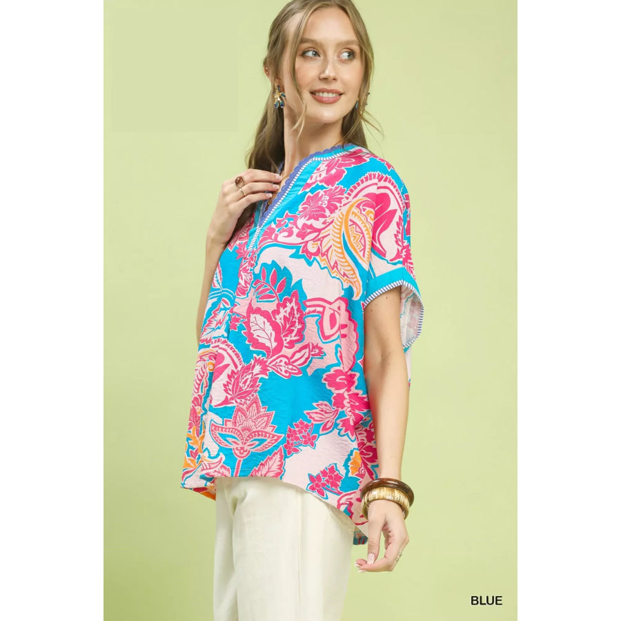 Umgee Abstract Print Oversized Top BLUE / S Apparel and Accessories