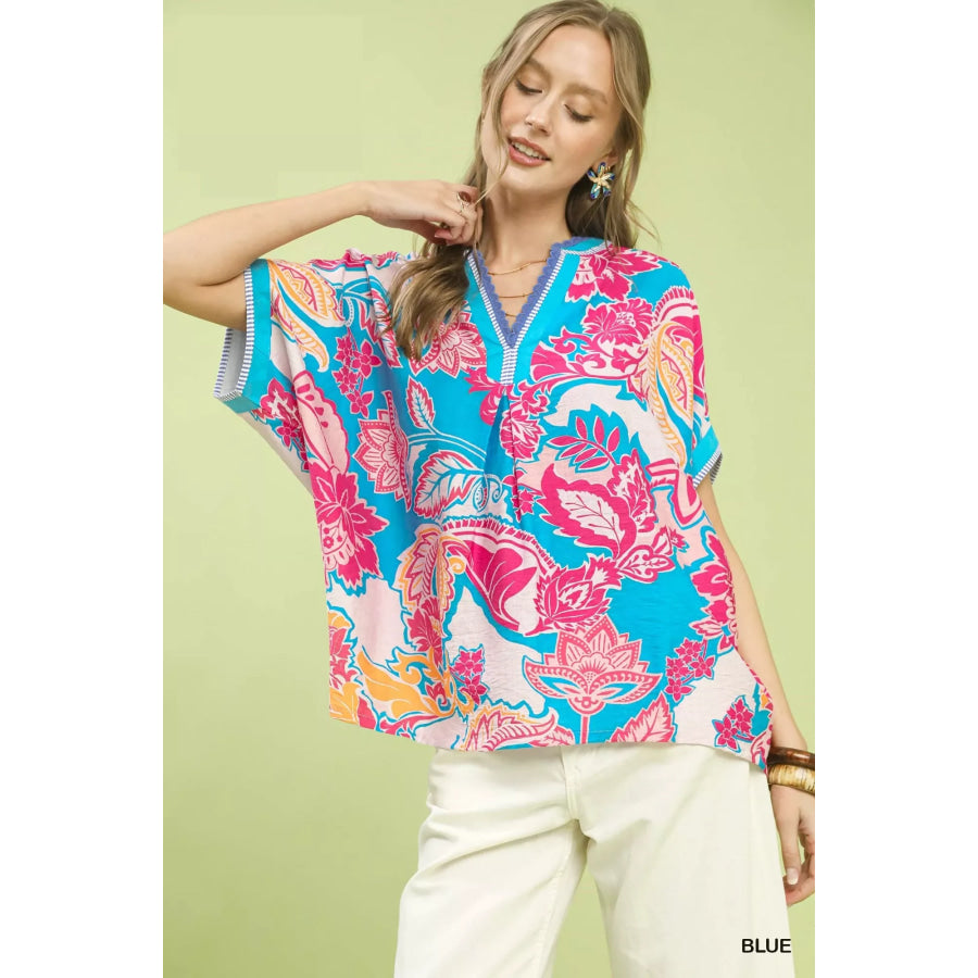 Umgee Abstract Print Oversized Top BLUE / S Apparel and Accessories