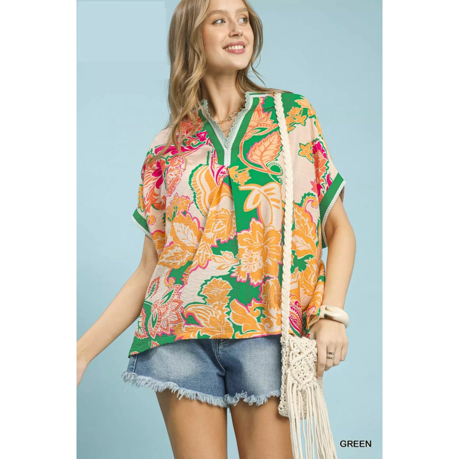 Umgee Abstract Print Oversized Top GREEN / S Apparel and Accessories