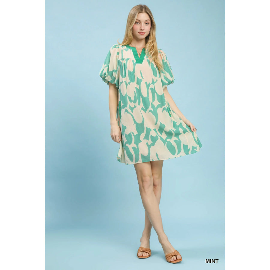 Umgee Abstract Print Puff Sleeve Shift Dress Apparel and Accessories