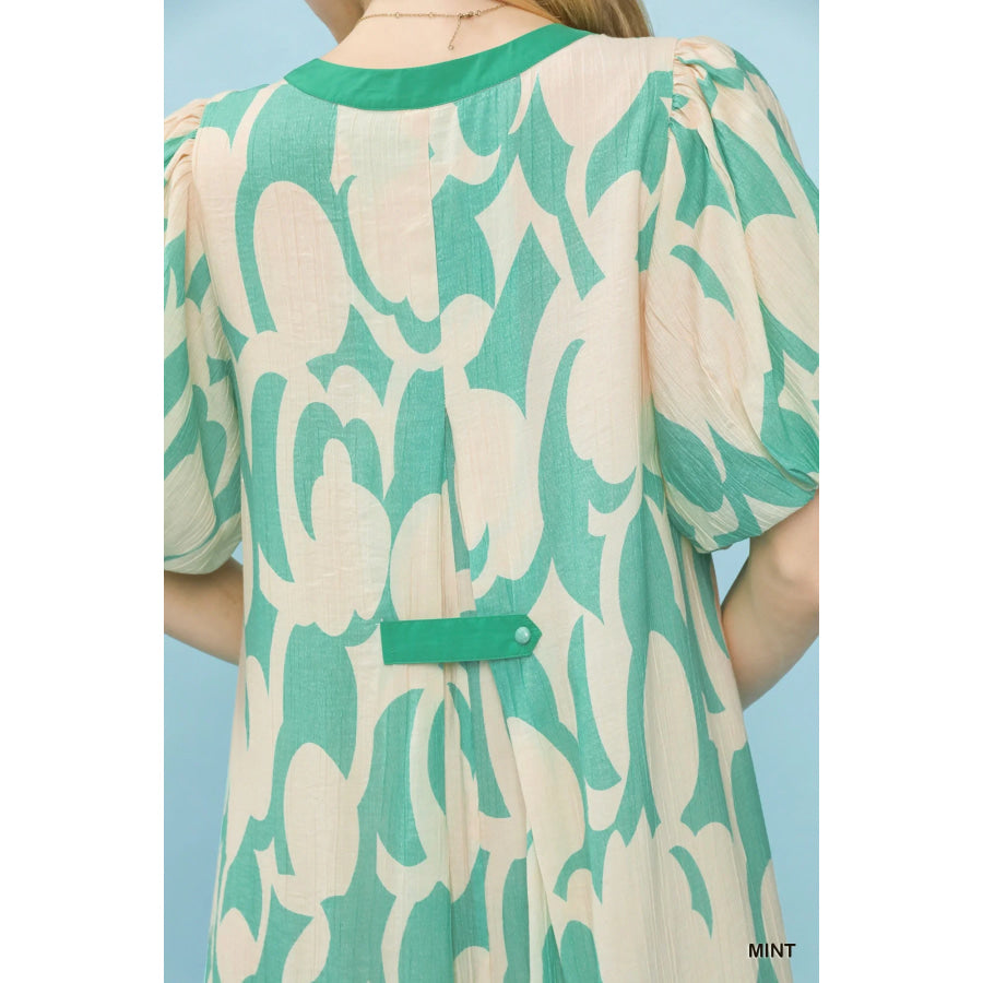 Umgee Abstract Print Puff Sleeve Shift Dress Apparel and Accessories