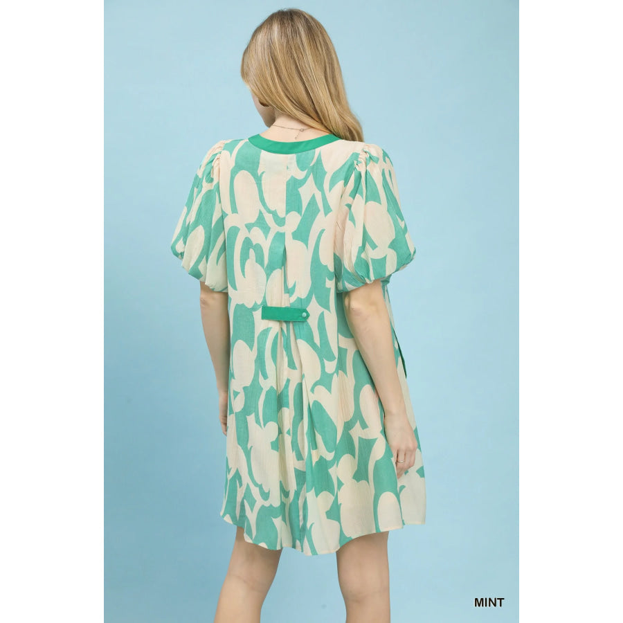 Umgee Abstract Print Puff Sleeve Shift Dress Apparel and Accessories