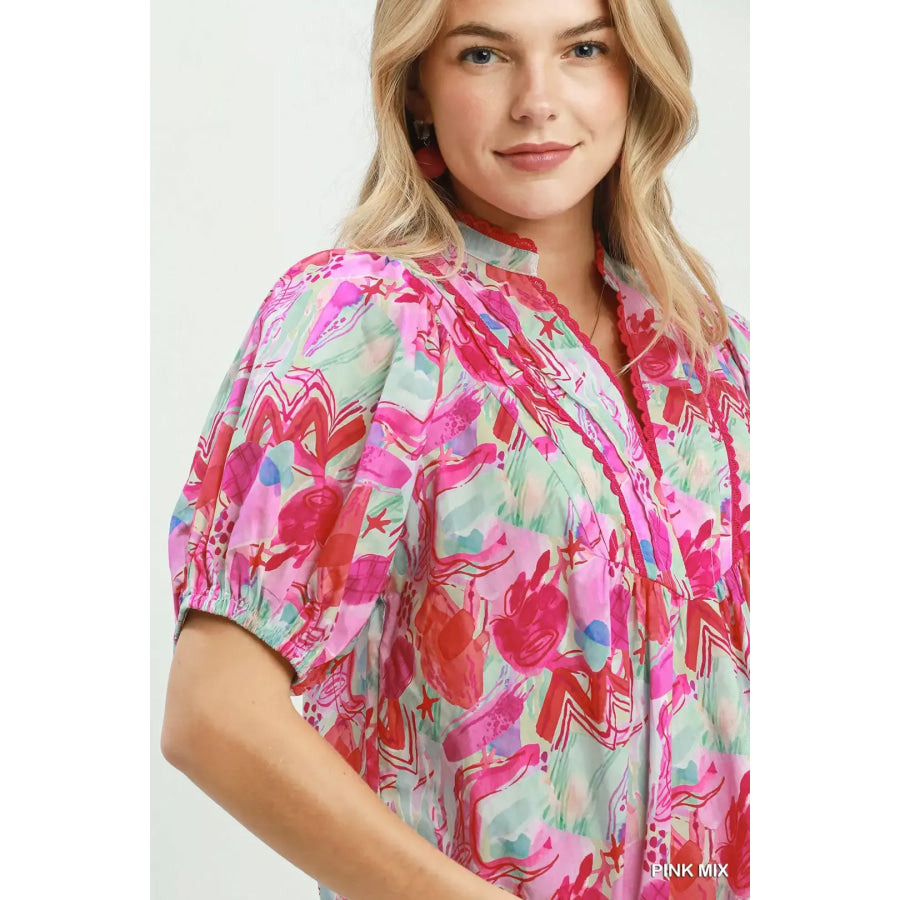 Umgee Abstract Print Puff Sleeve Top Apparel and Accessories