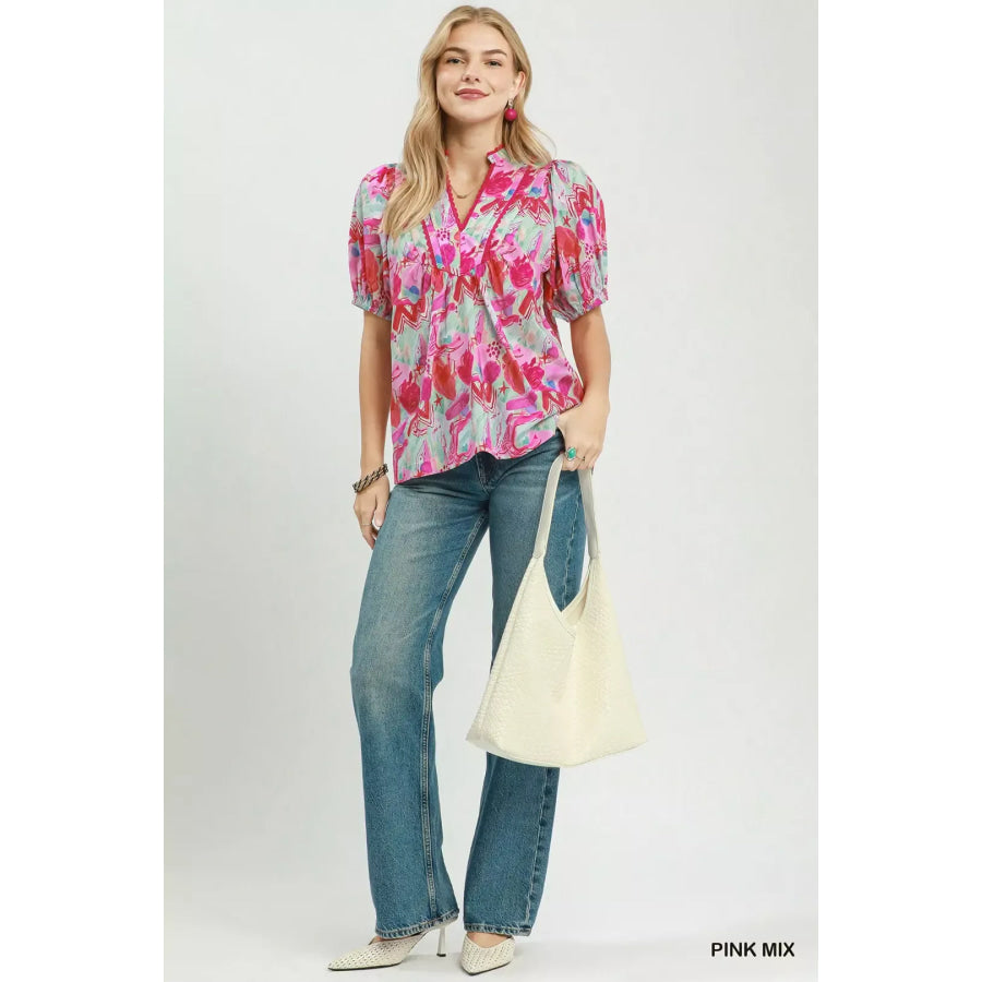 Umgee Abstract Print Puff Sleeve Top Apparel and Accessories