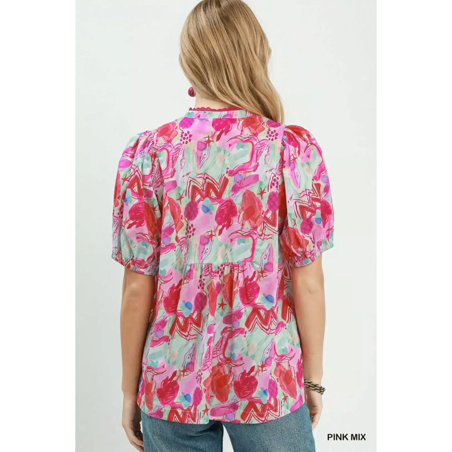 Umgee Abstract Print Puff Sleeve Top Apparel and Accessories