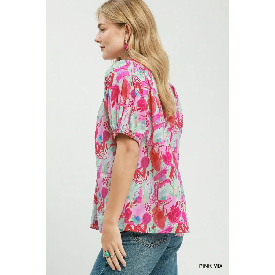 Umgee Abstract Print Puff Sleeve Top Apparel and Accessories