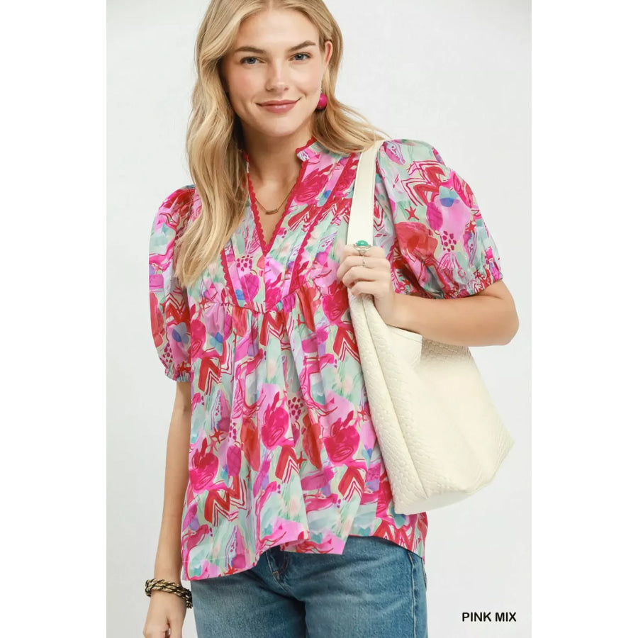 Umgee Abstract Print Puff Sleeve Top PINK MIX / S Apparel and Accessories