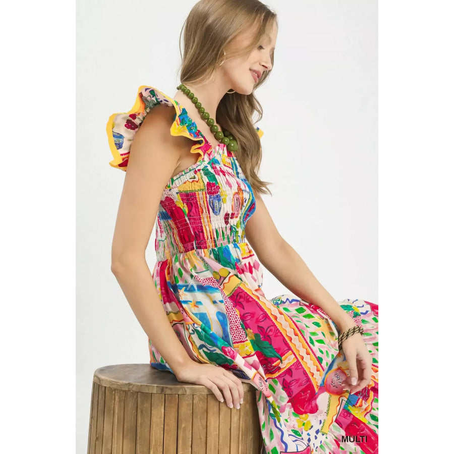 Umgee Abstract Print Smocked Ruffle Sleeve Tiered Midi Dress Apparel and Accessories