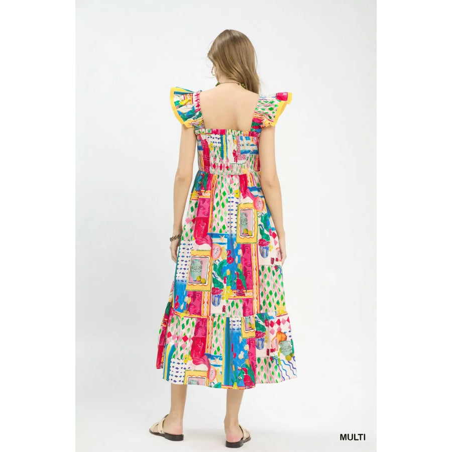 Umgee Abstract Print Smocked Ruffle Sleeve Tiered Midi Dress Apparel and Accessories