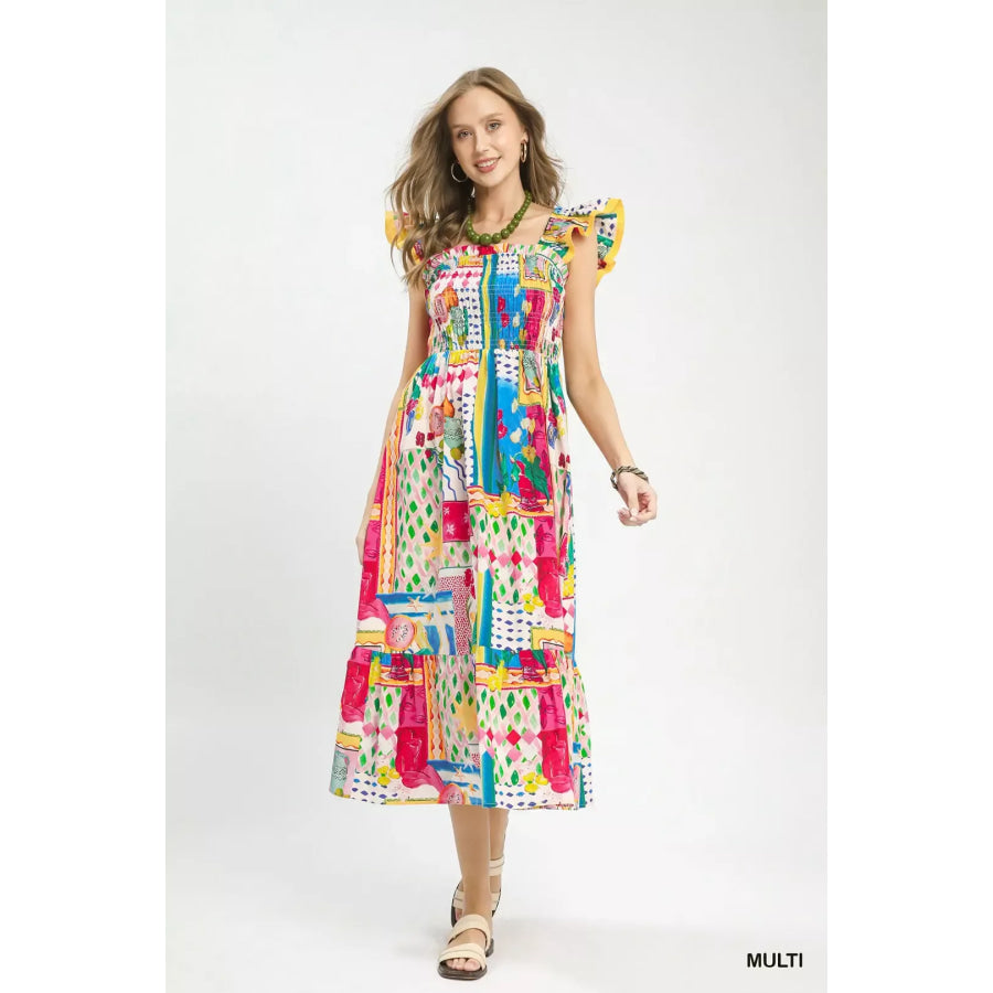 Umgee Abstract Print Smocked Ruffle Sleeve Tiered Midi Dress MULTI / S Apparel and Accessories