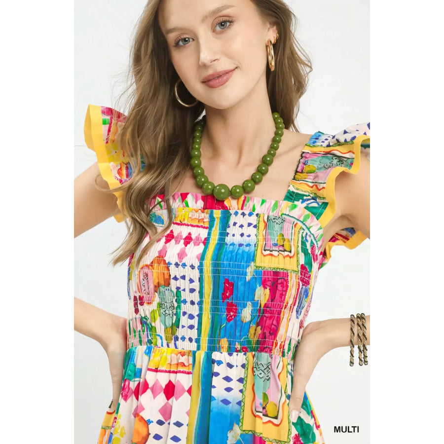 Umgee Abstract Print Smocked Ruffle Sleeve Tiered Midi Dress Apparel and Accessories