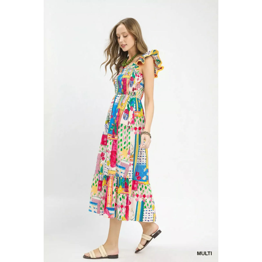 Umgee Abstract Print Smocked Ruffle Sleeve Tiered Midi Dress Apparel and Accessories