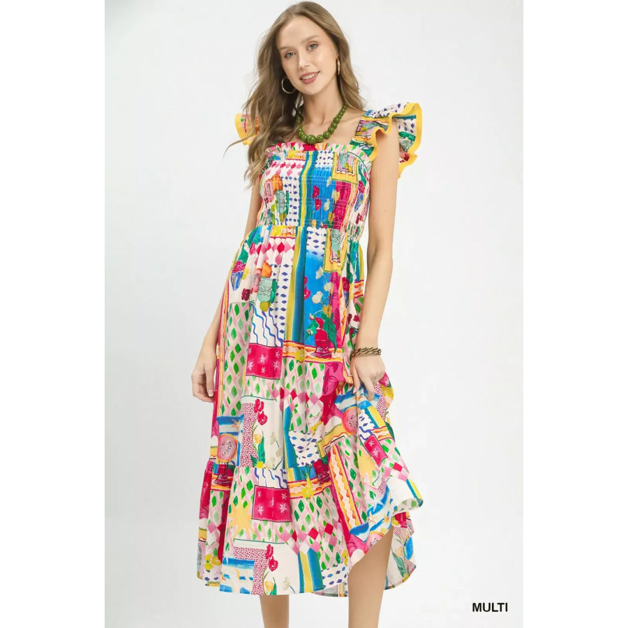 Umgee Abstract Print Smocked Ruffle Sleeve Tiered Midi Dress MULTI / S Apparel and Accessories