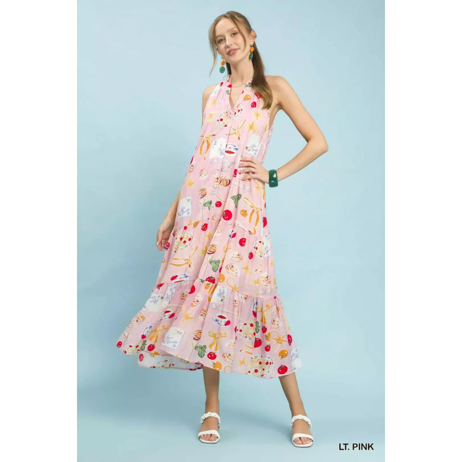 Umgee Abstract Print Tiered Halter Midi Dress LT. PINK / S Apparel and Accessories