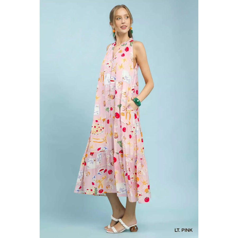 Umgee Abstract Print Tiered Halter Midi Dress Apparel and Accessories