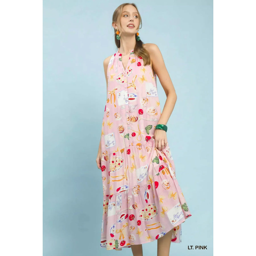 Umgee Abstract Print Tiered Halter Midi Dress LT. PINK / S Apparel and Accessories