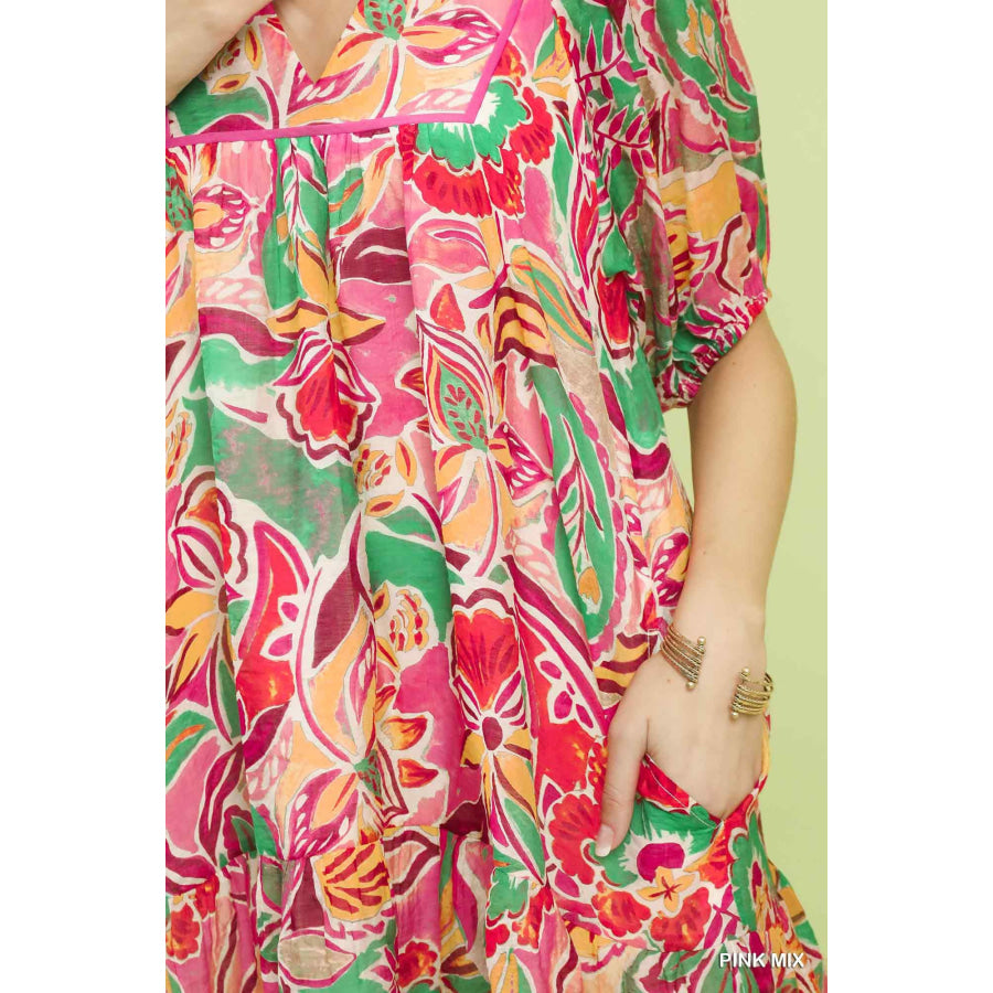 Umgee Abstract Print V-Neck Baby Doll Dress Apparel and Accessories
