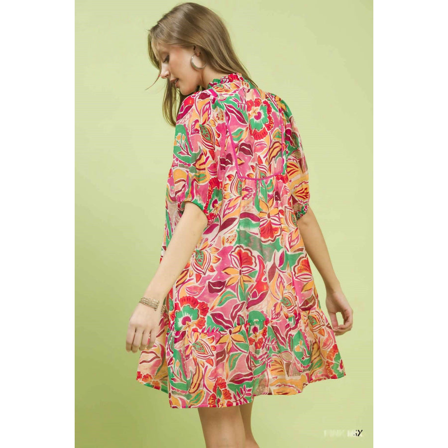 Umgee Abstract Print V-Neck Baby Doll Dress Apparel and Accessories