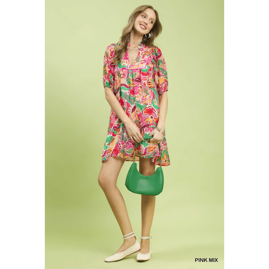 Umgee Abstract Print V-Neck Baby Doll Dress Apparel and Accessories