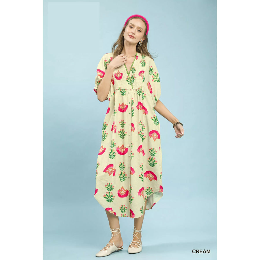 Umgee Abstract Print V-Neck Midi Dress CREAM / S Apparel and Accessories