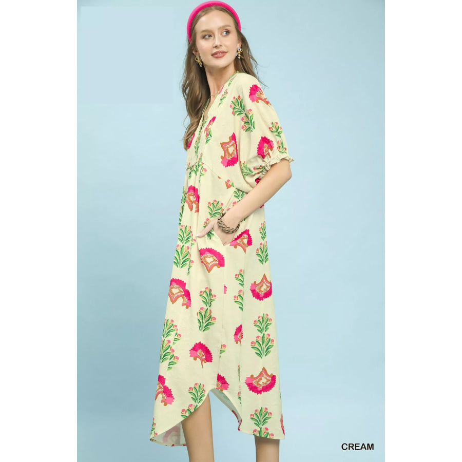 Umgee Abstract Print V-Neck Midi Dress Apparel and Accessories