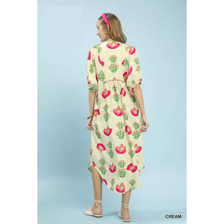 Umgee Abstract Print V-Neck Midi Dress Apparel and Accessories