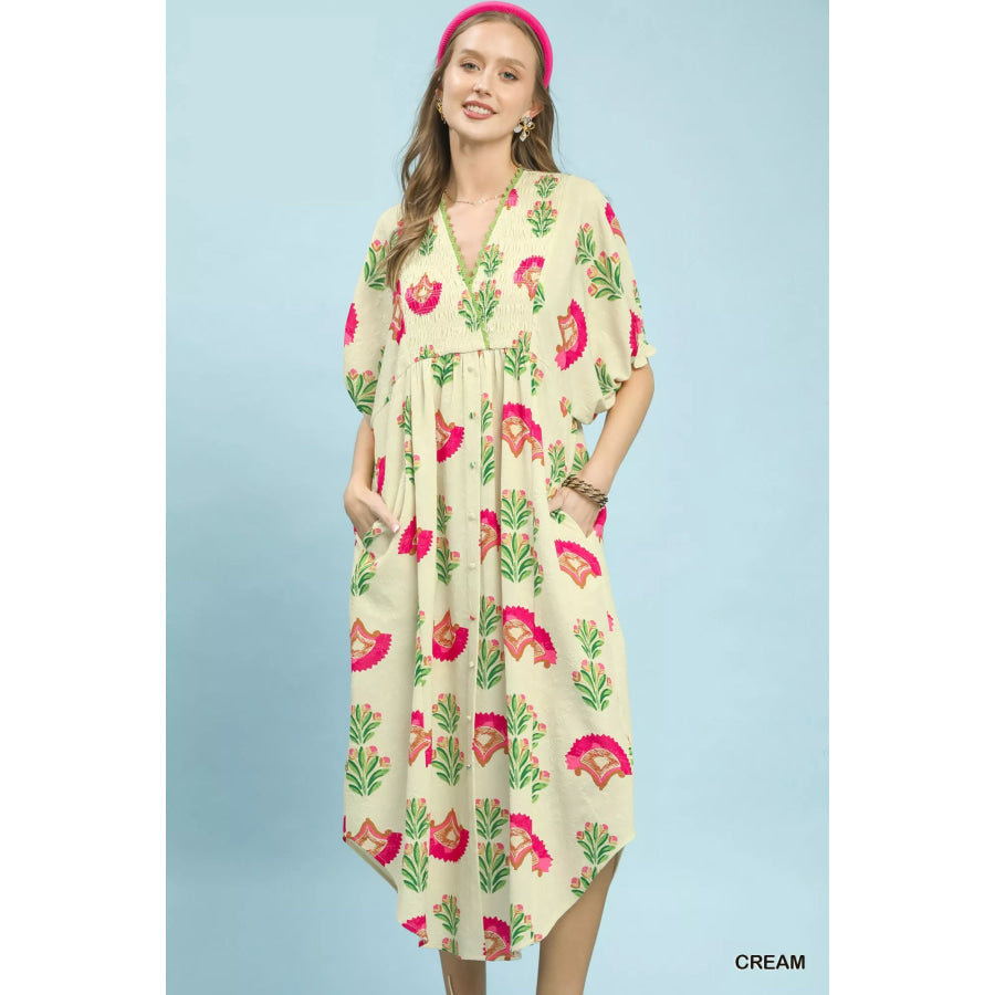 Umgee Abstract Print V-Neck Midi Dress CREAM / S Apparel and Accessories
