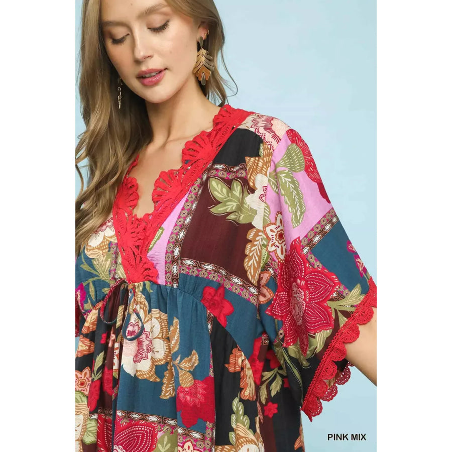 Umgee Abstract Print V-Neck Mini Dress Apparel and Accessories