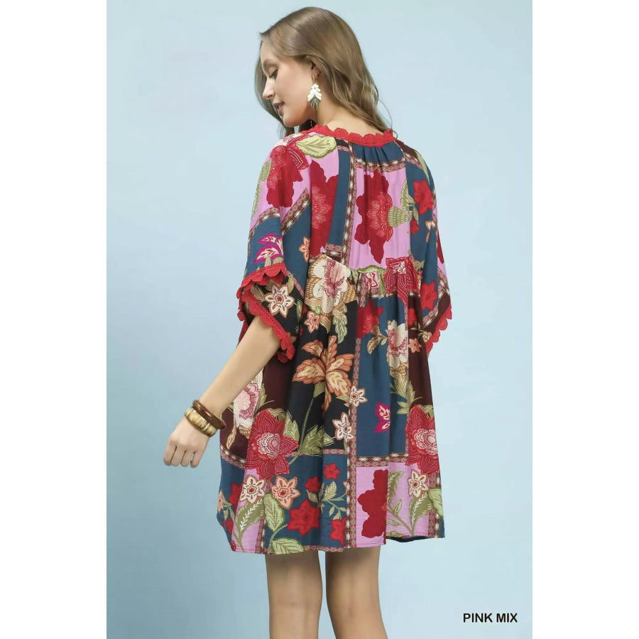 Umgee Abstract Print V-Neck Mini Dress Apparel and Accessories